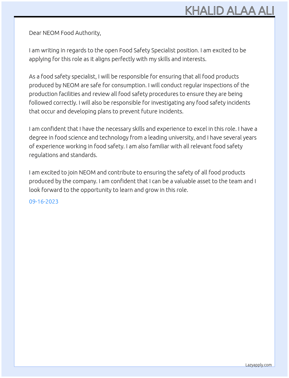 Food Safety Specialist At NEOM نيوم, Saudi Arabia Cover Letter