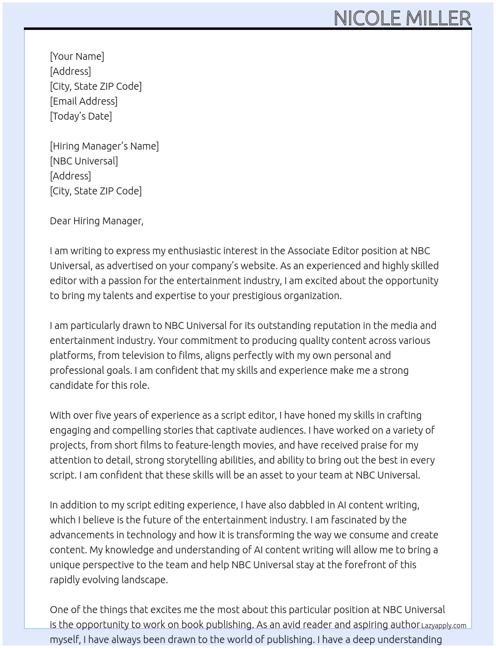 Associate Editor At NBC Universal Cover Letter