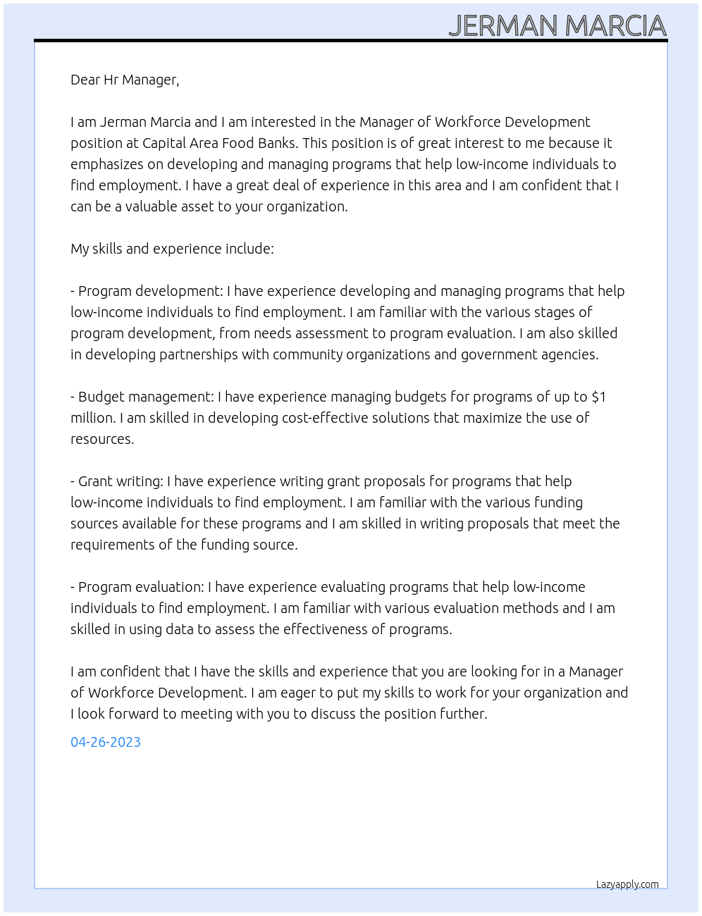 Manager of Workforce development  At Capital Area Food Banks Cover Letter