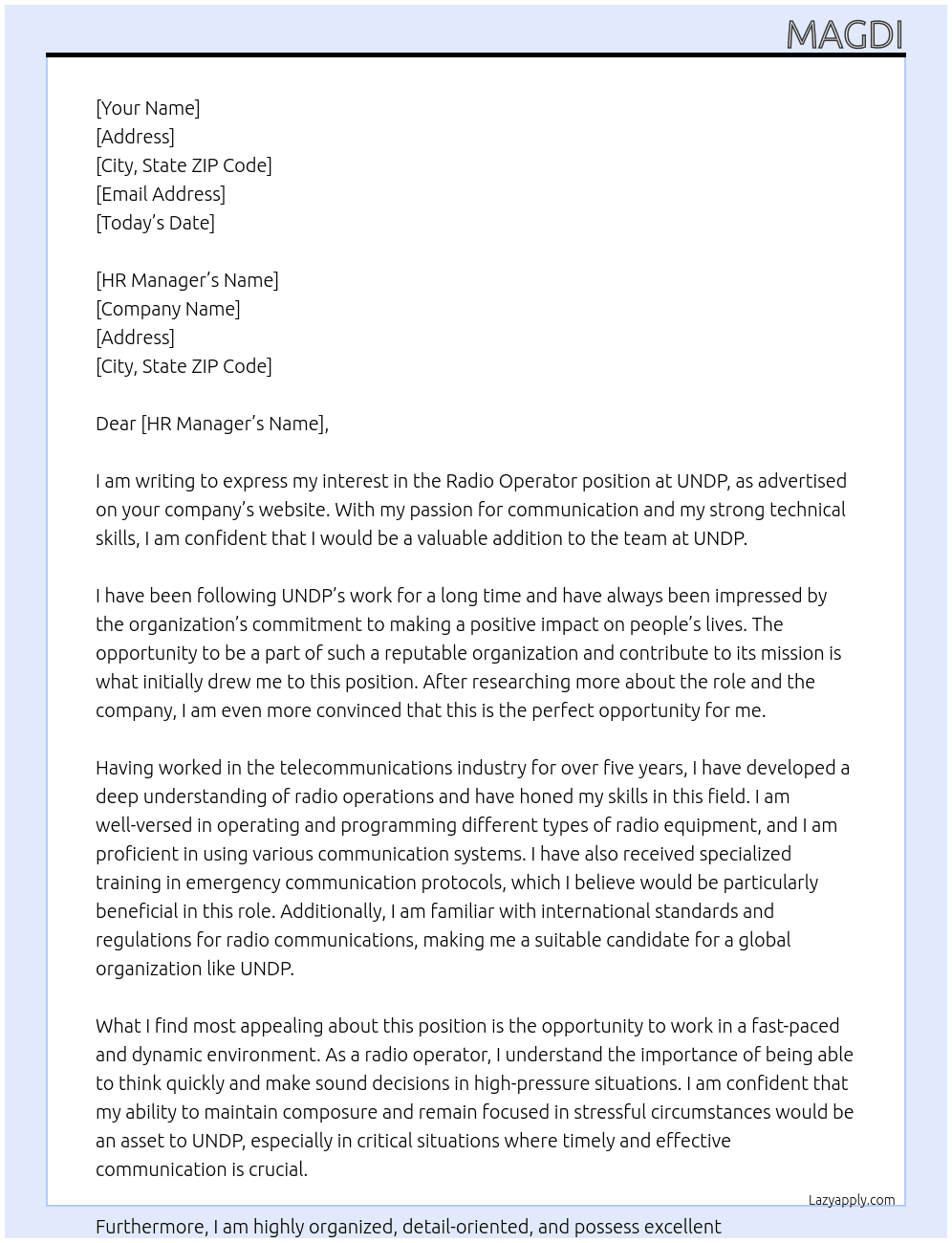 Radio Operator At UNDP Cover Letter