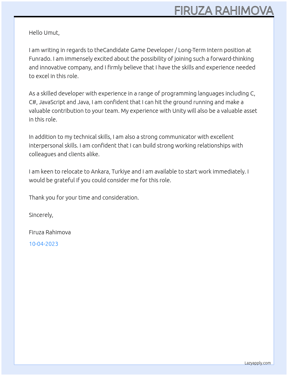 Candidate Game Developer / Long-Term Intern At Funrado Cover Letter