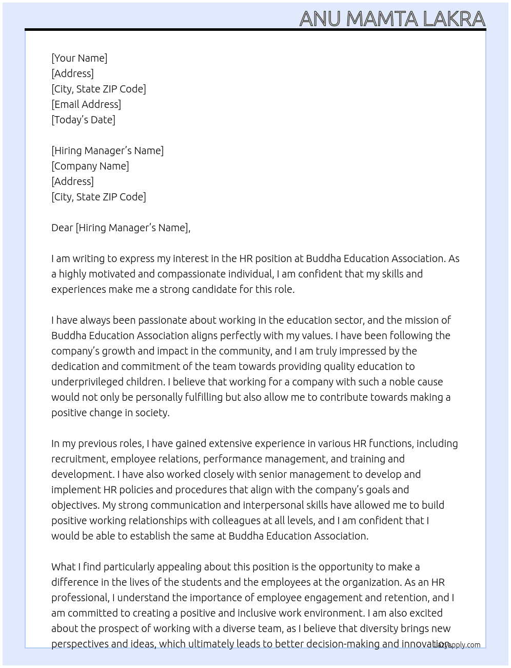 HR At buddha education association  Cover Letter