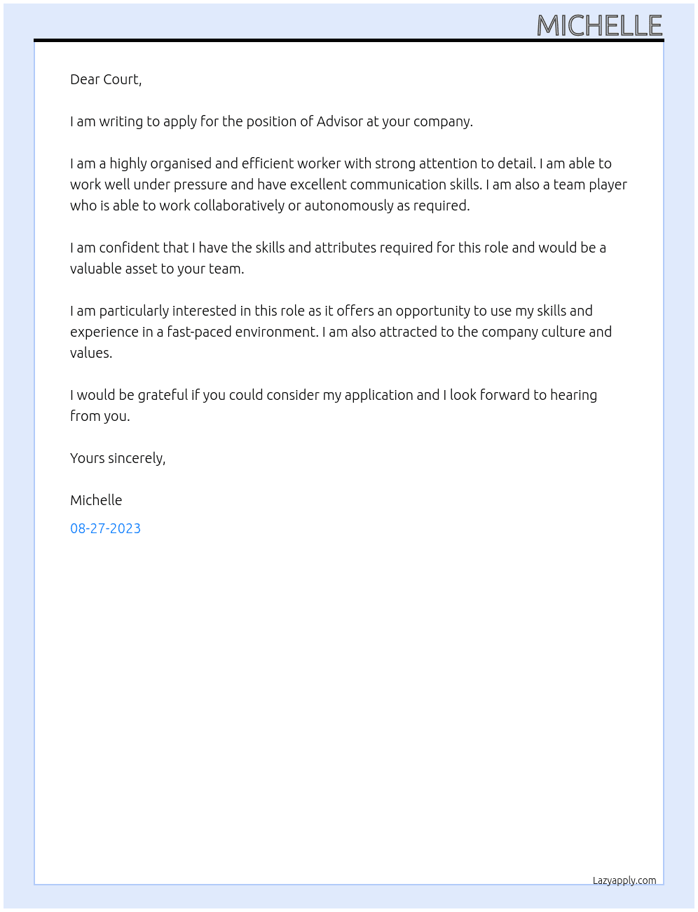 Advisor  At Court Cover Letter