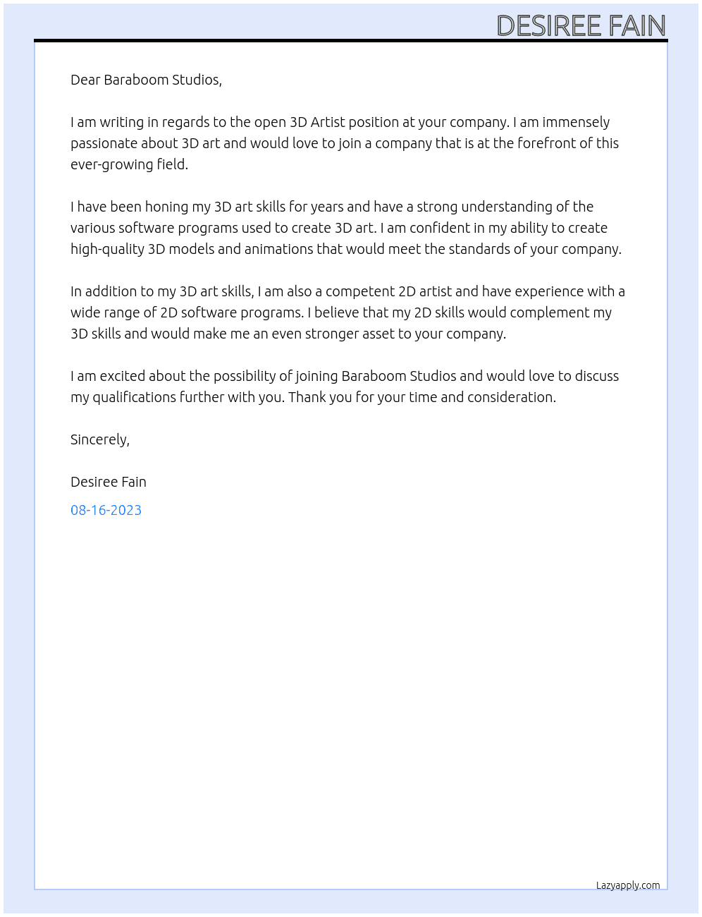 3D Artist At Baraboom Studios Cover Letter