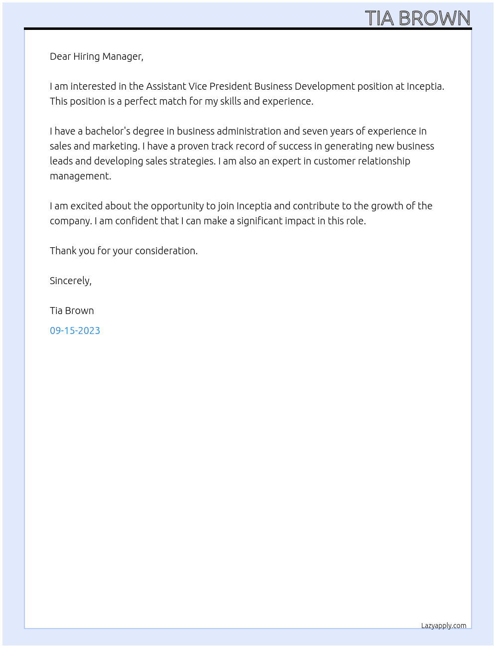 Assistant Vice President Business Development At Inceptia Cover Letter