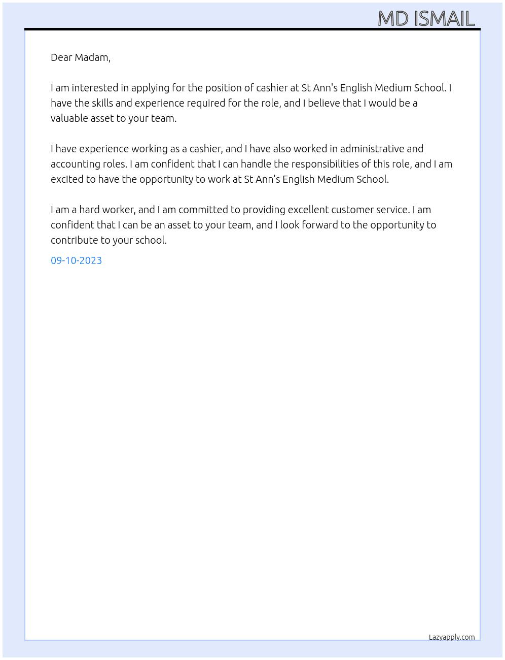 Cashier  At St Ann's English Medium School  Cover Letter