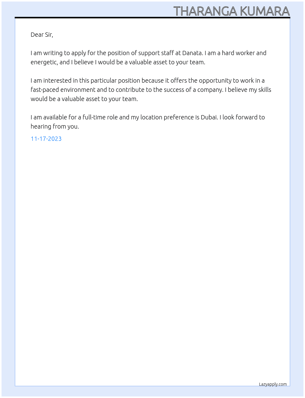 support staff  At danata Cover Letter