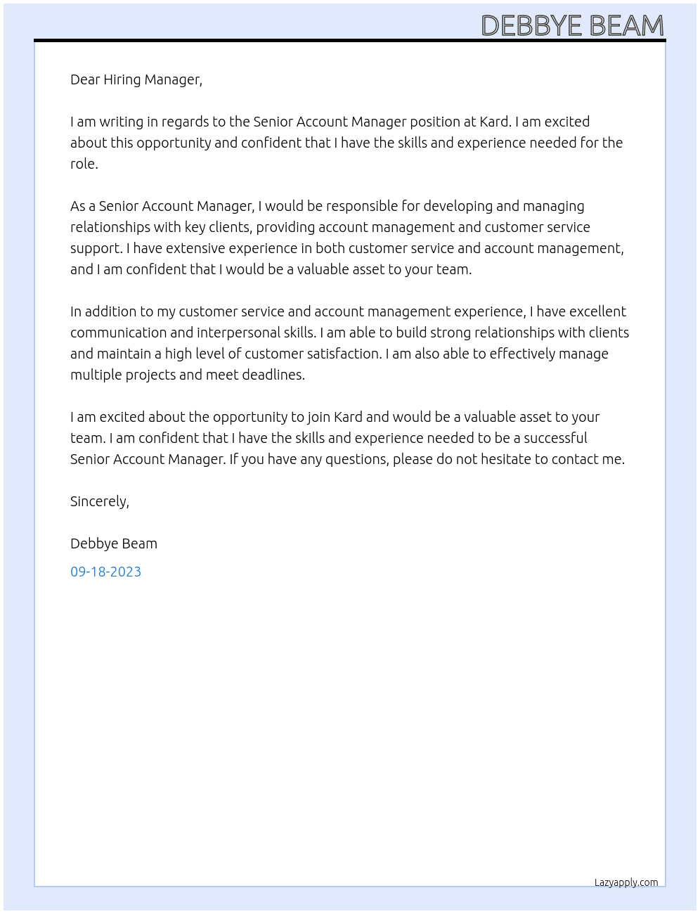 Senior Account Manager  At Kard  Cover Letter