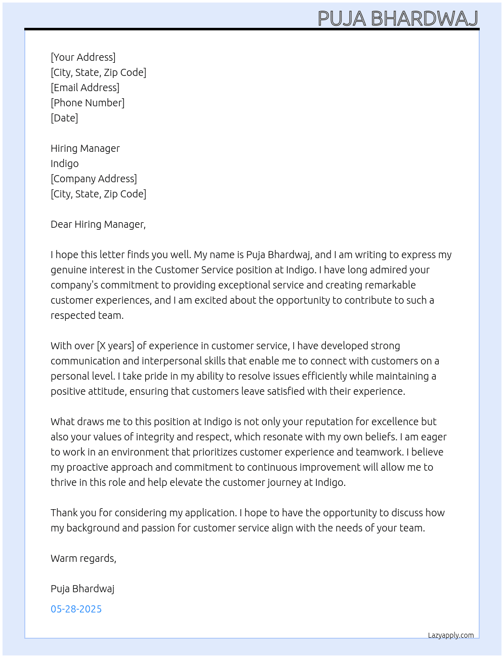 Customer Service At Indigo Cover Letter