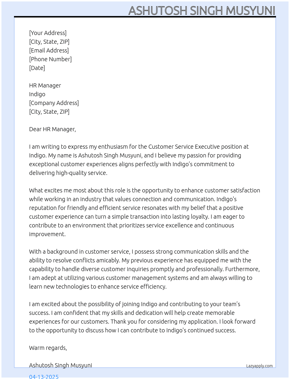 customer service executive At indigo  Cover Letter