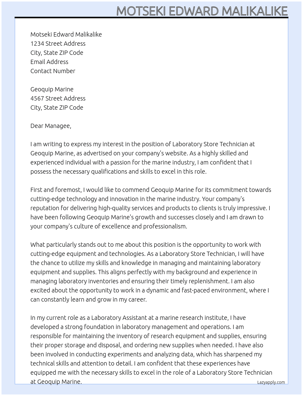Laboratory store technician  At Geoquip Marine Cover Letter
