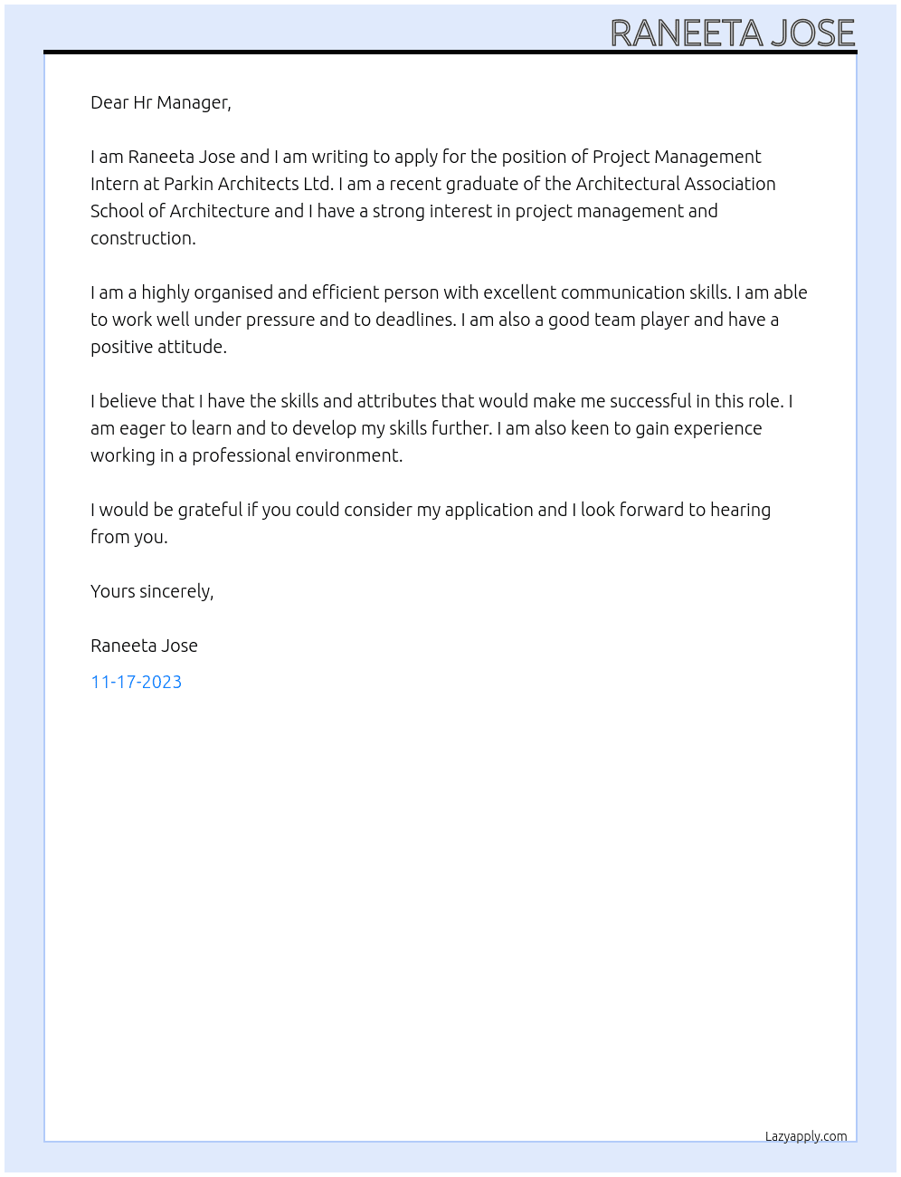 Project Management Intern At Parkin Architects Ltd Cover Letter