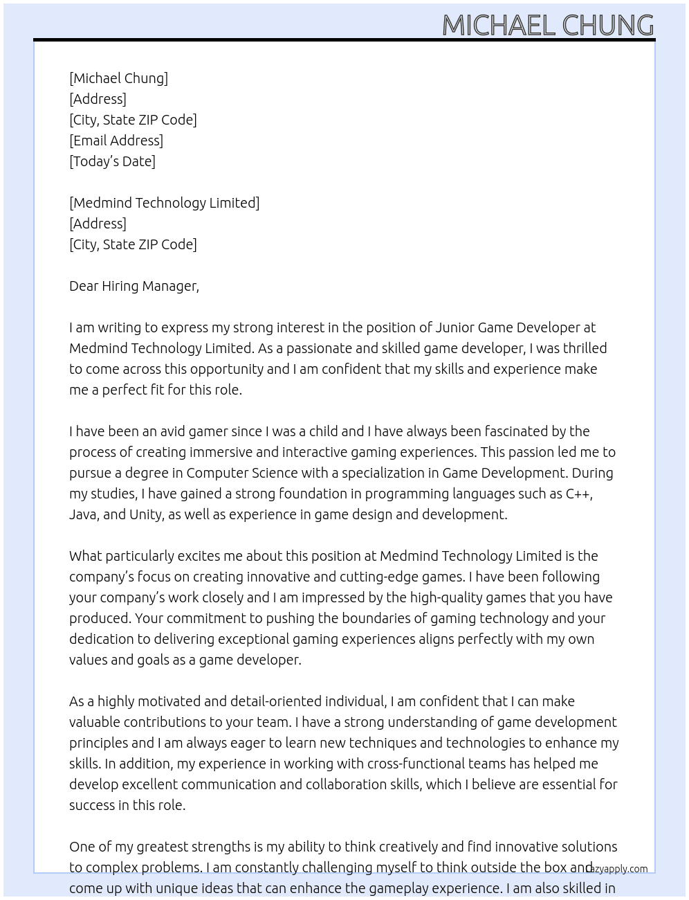 junior game developer At Medmind Technology Limited Cover Letter