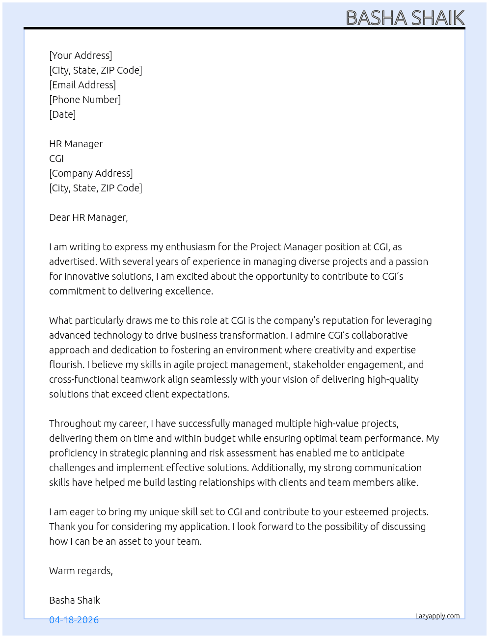 Project Manager At CGI Cover Letter