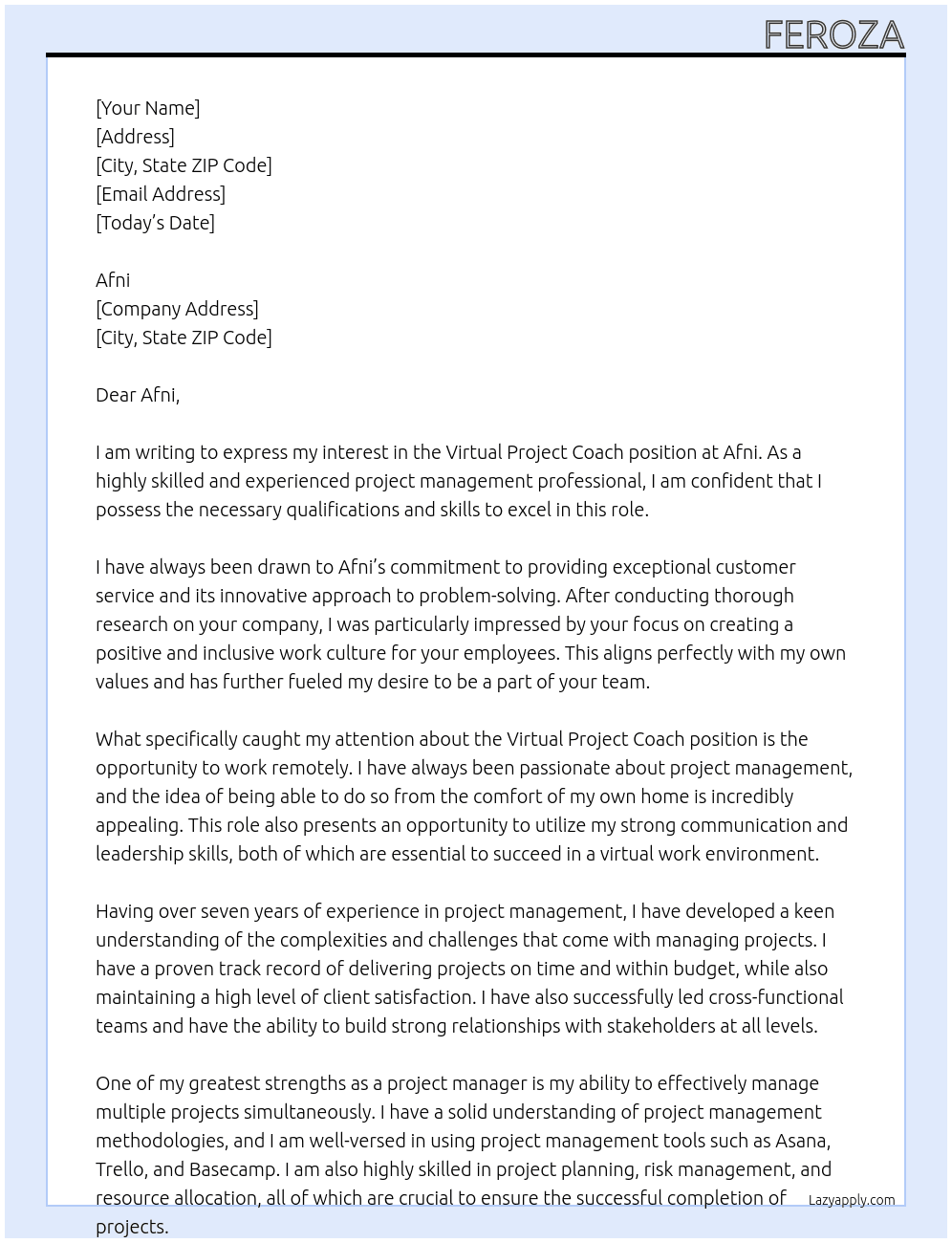 Virtual Project Coach At Afni Cover Letter