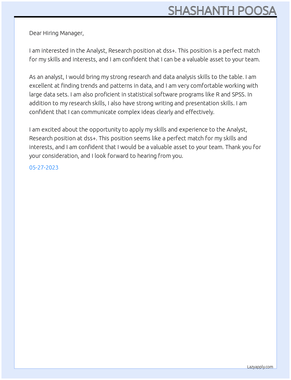Analyst, Research  At dss+ Cover Letter