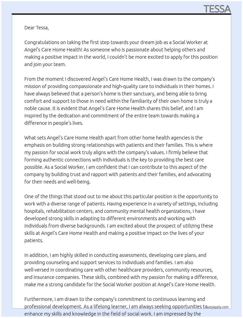 Social Worker At Angel's Care Home Health  Cover Letter