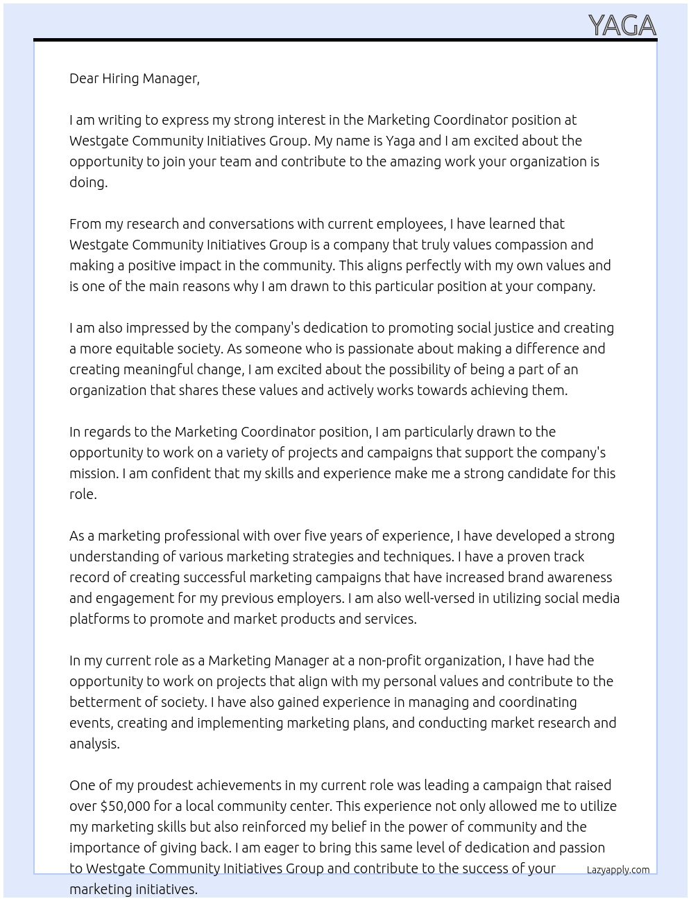 Marketing Coordinator  At Westgate Community Initiatives Group Cover Letter