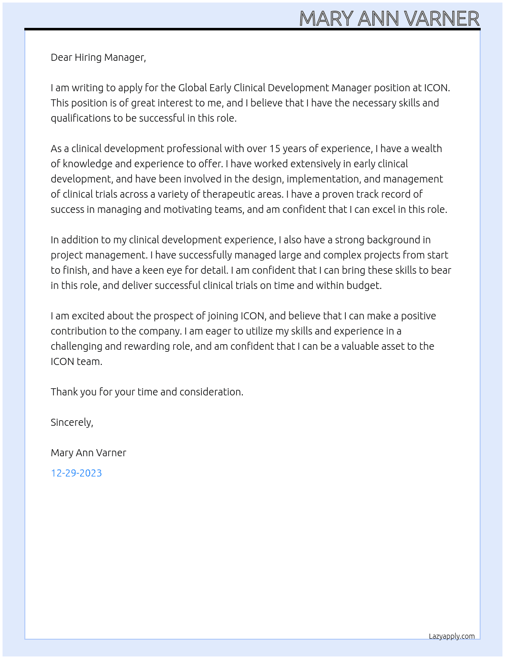Global Early Clinical Development Manager At ICON Cover Letter