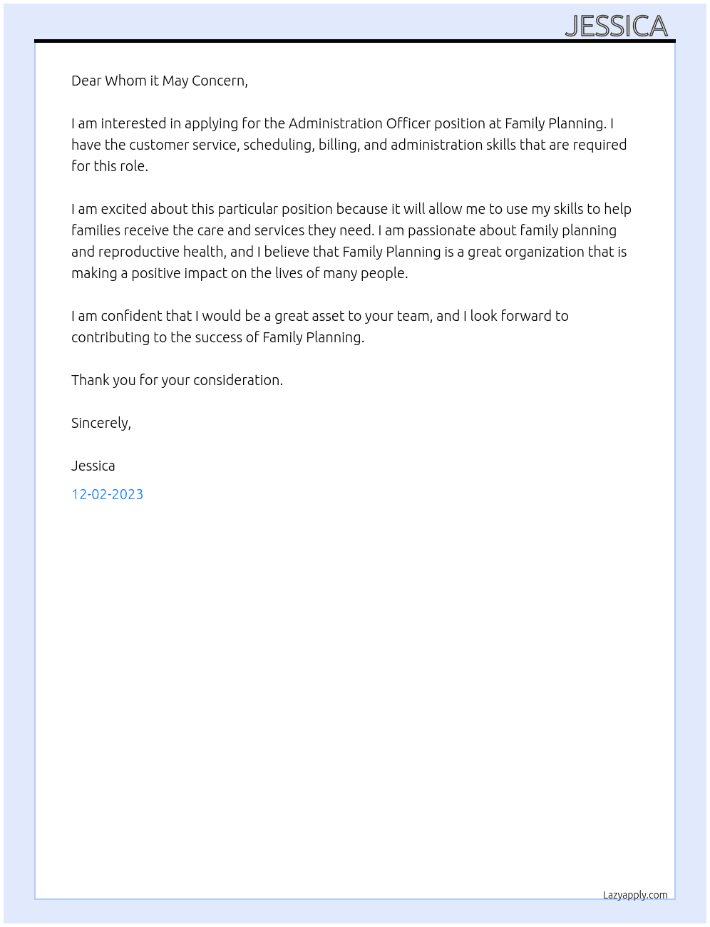 Administration officer At Family planning Cover Letter
