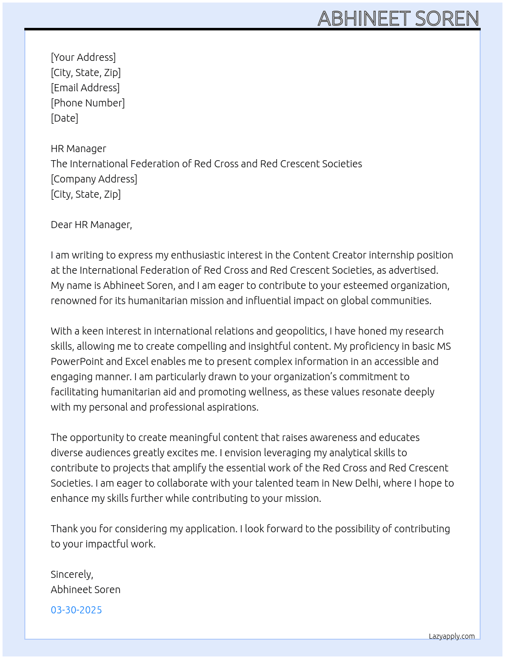Content creator  At The International Federation of Red Cross and Red Crescent Societies Cover Letter