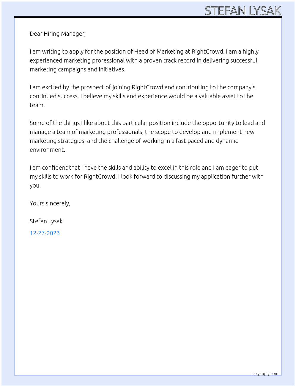 Head of Marketing At RightCrowd Cover Letter