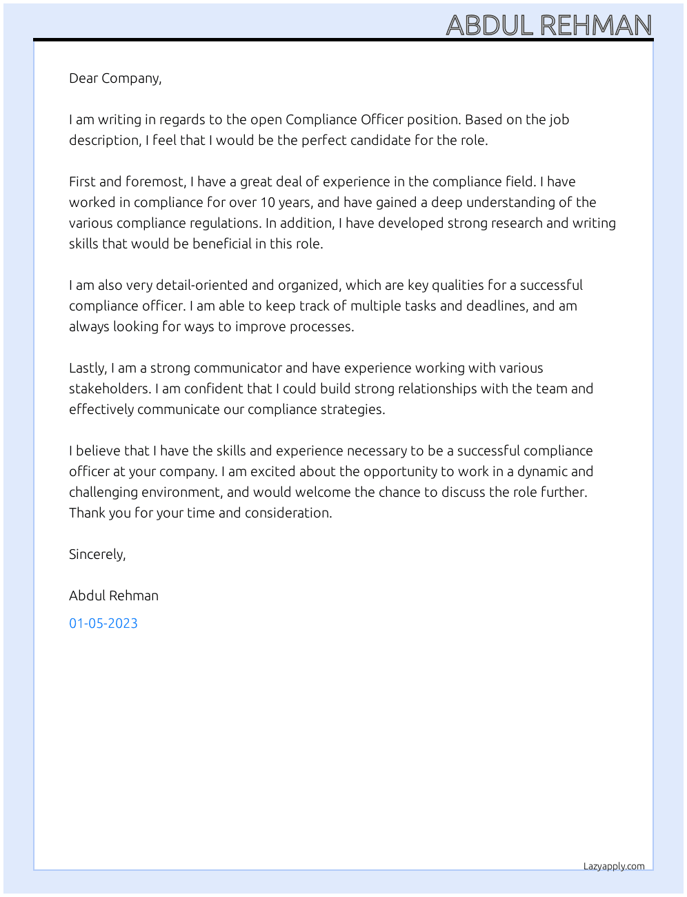 Compliance Officer At Company Cover Letter