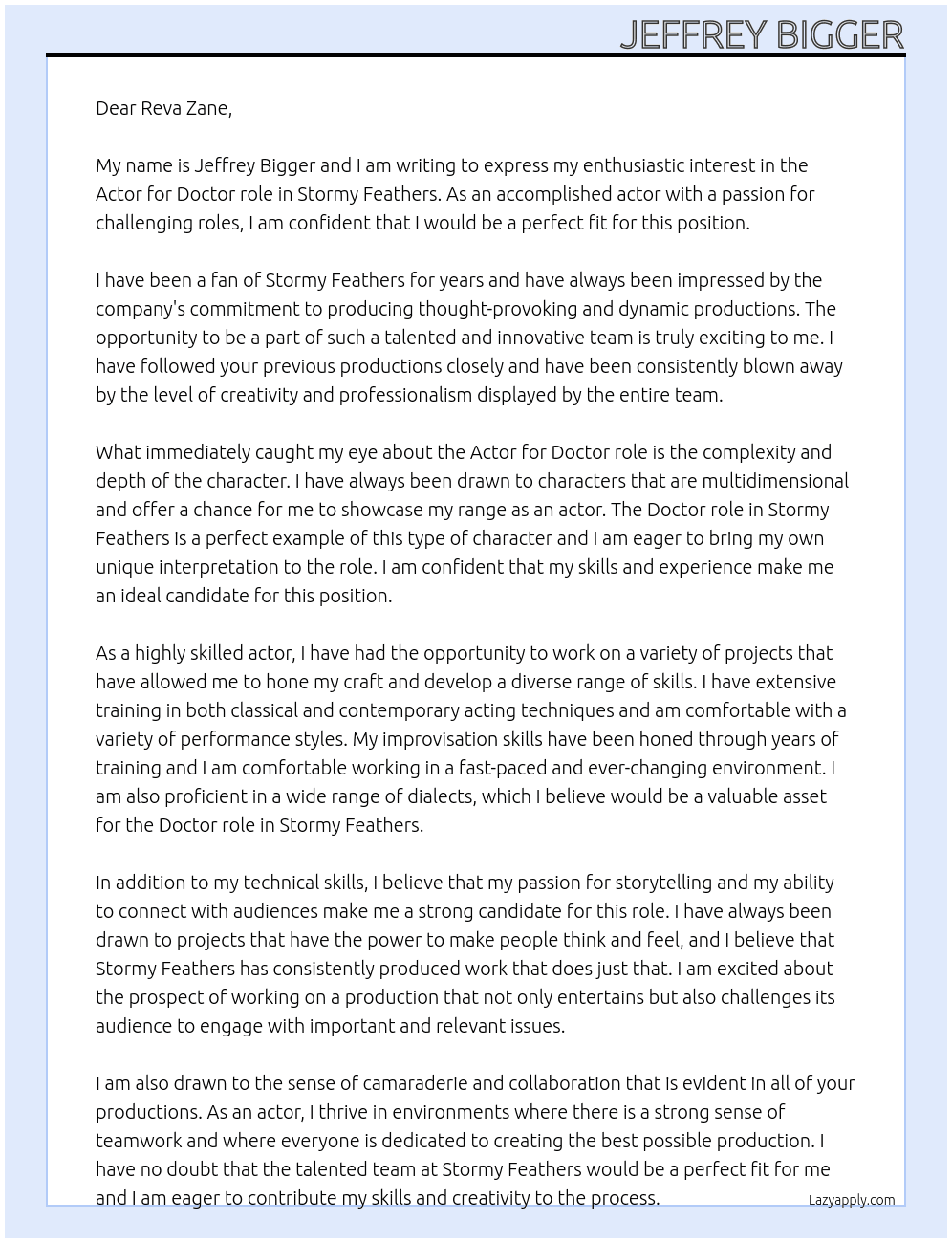 Actor for Doctor role in Stormy Feathers At Stormy Feathers Cover Letter