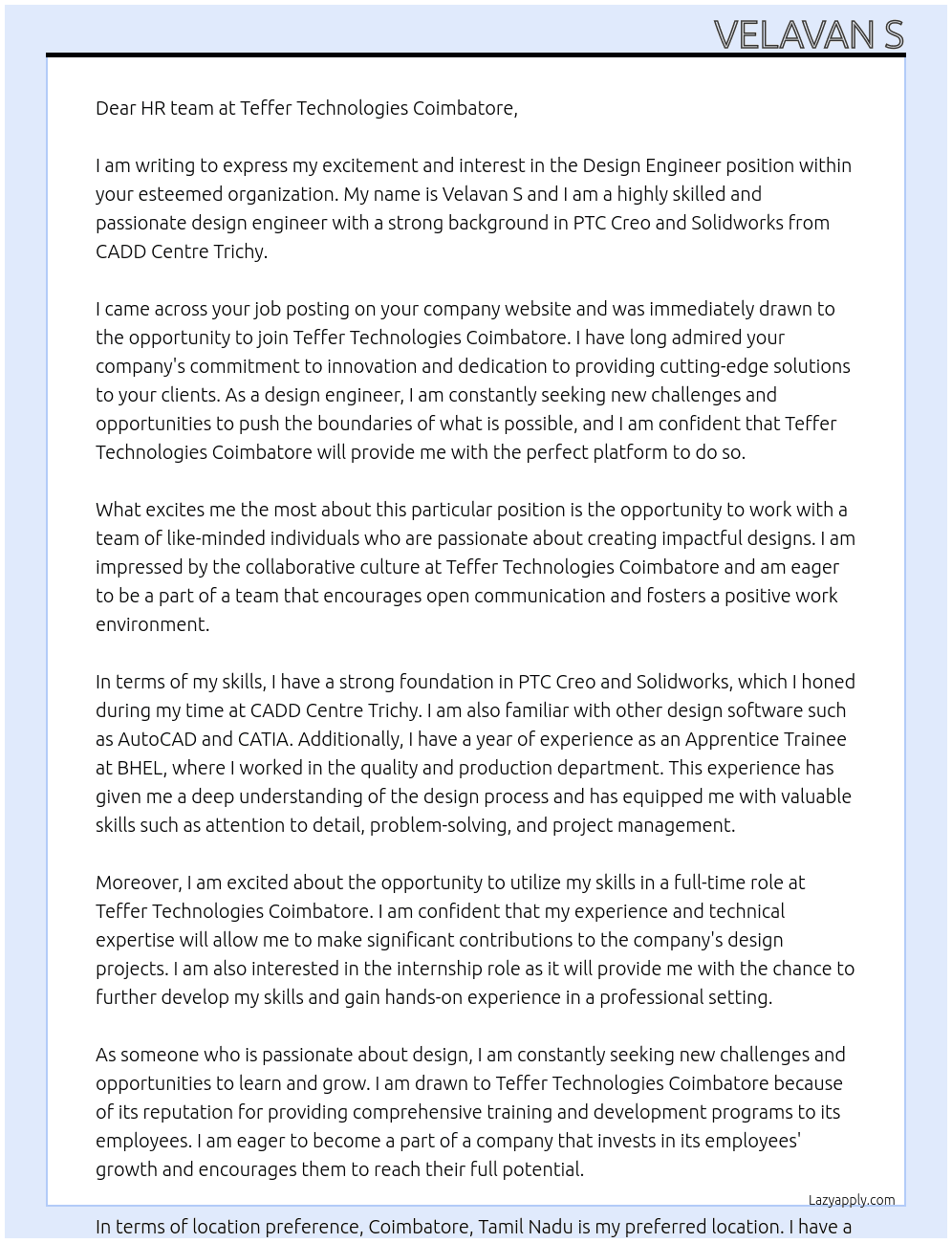 Design Engineer  At Teffer technologies coimbatore  Cover Letter