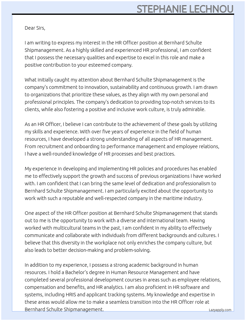 HR Officer At Bernhard Schulte Shipmanagement Cover Letter