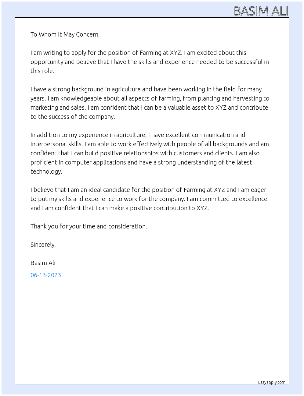 farming  At xyz  Cover Letter