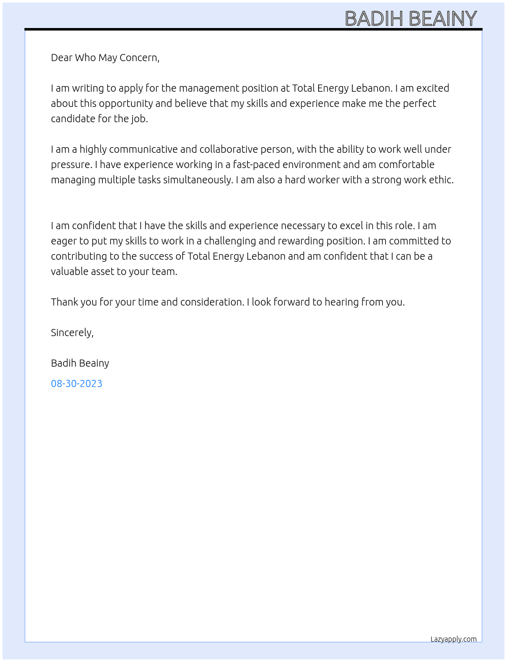 Management  At Total energy lebanon  Cover Letter