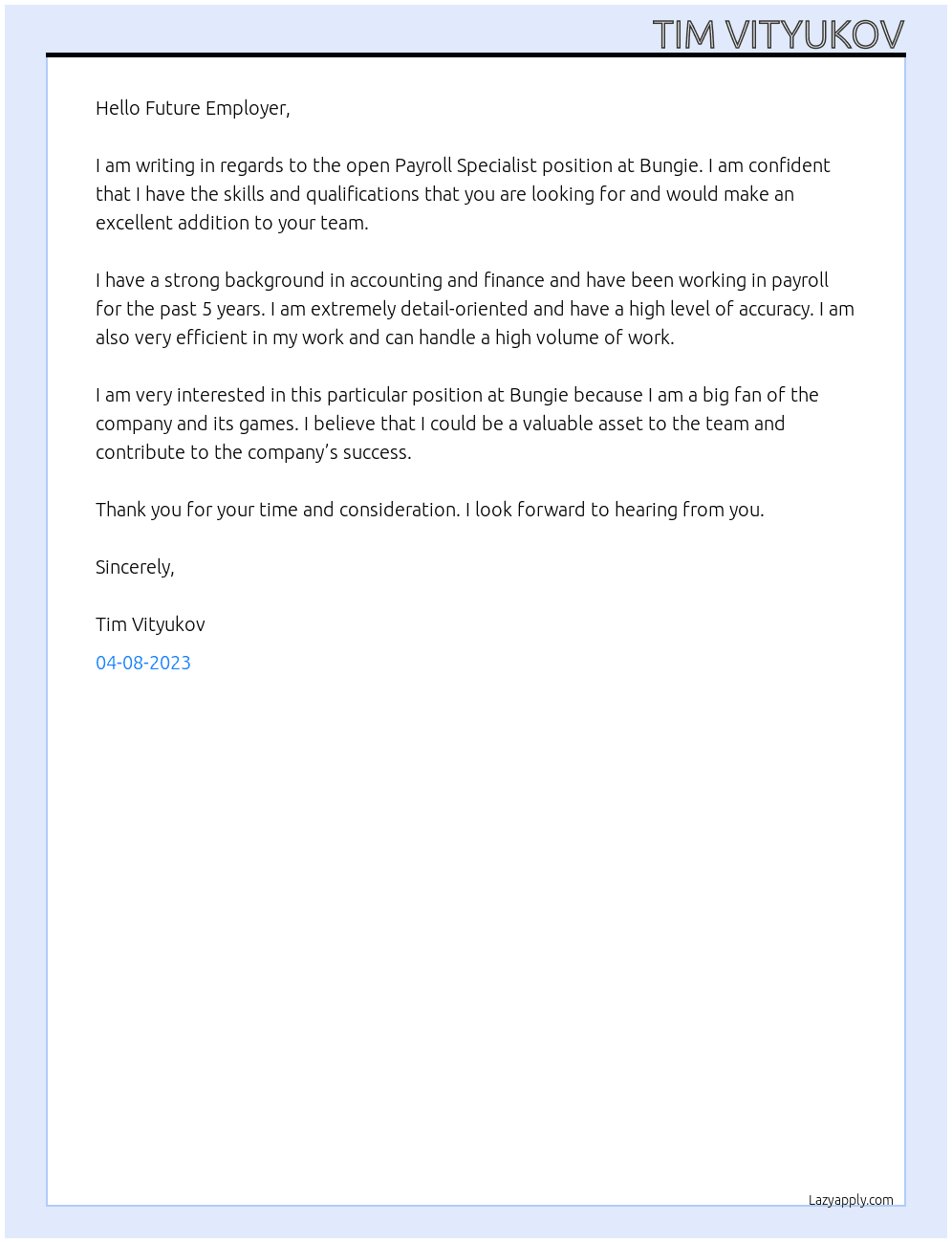 Payroll Specialist At Bungie Cover Letter