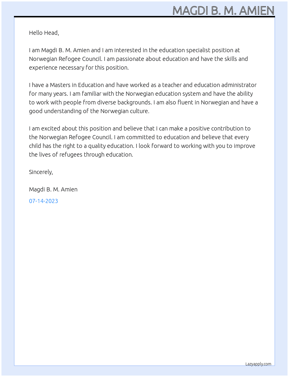 education specialist At Norwegian Refogee Council Cover Letter