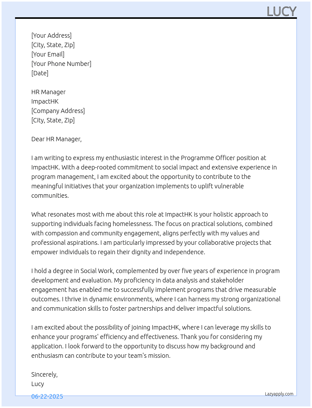 Programme Officer At ImpactHK Cover Letter