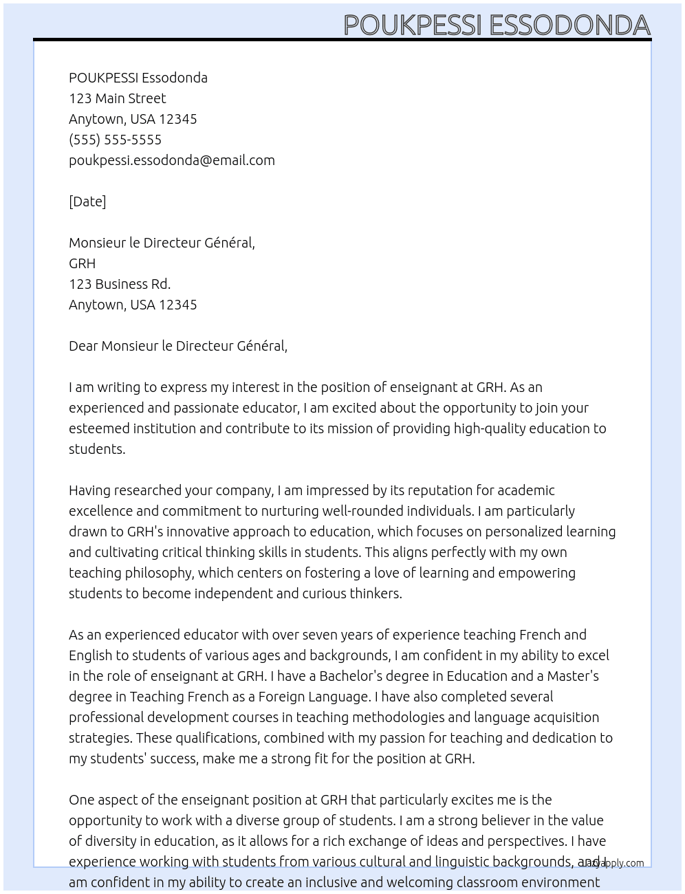 ensignant At GRH Cover Letter