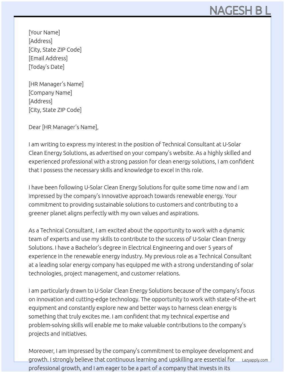 Cover letter for technical consultant - LazyApply