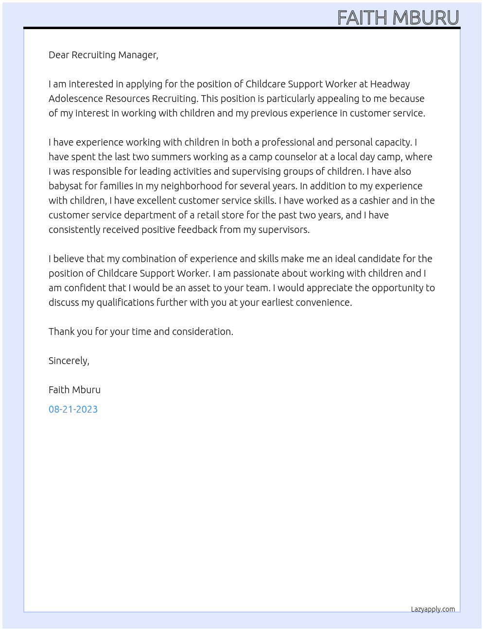 CHIKDCARE SUPPORT WORKER  At HEADWAY ADOLENCES RESOURCES RECRUTING  Cover Letter