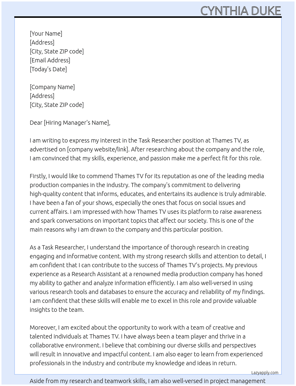 Task Researcher At Thames TV Cover Letter