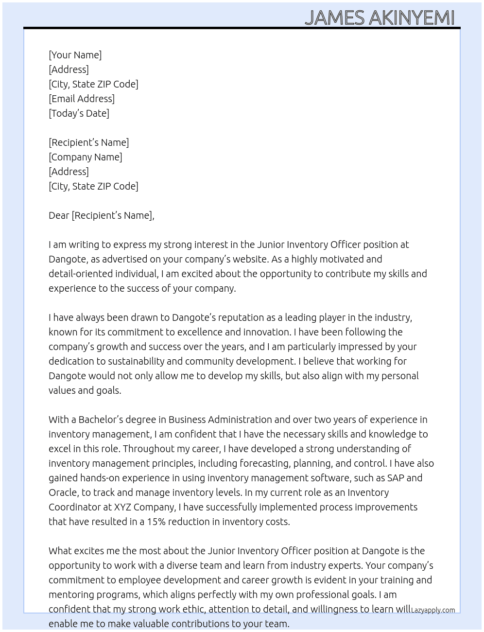 Junior Inventory Officer At Dangote Cover Letter