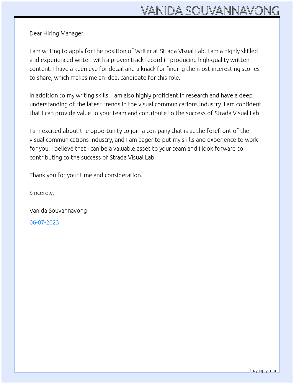 Writer At Strada Visual Lab  Cover Letter