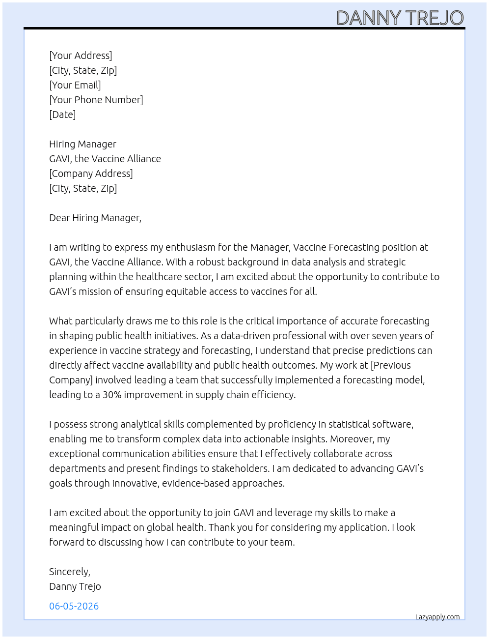 Manager, Vaccine Forecasting At GAVI, the Vaccine Alliance Cover Letter