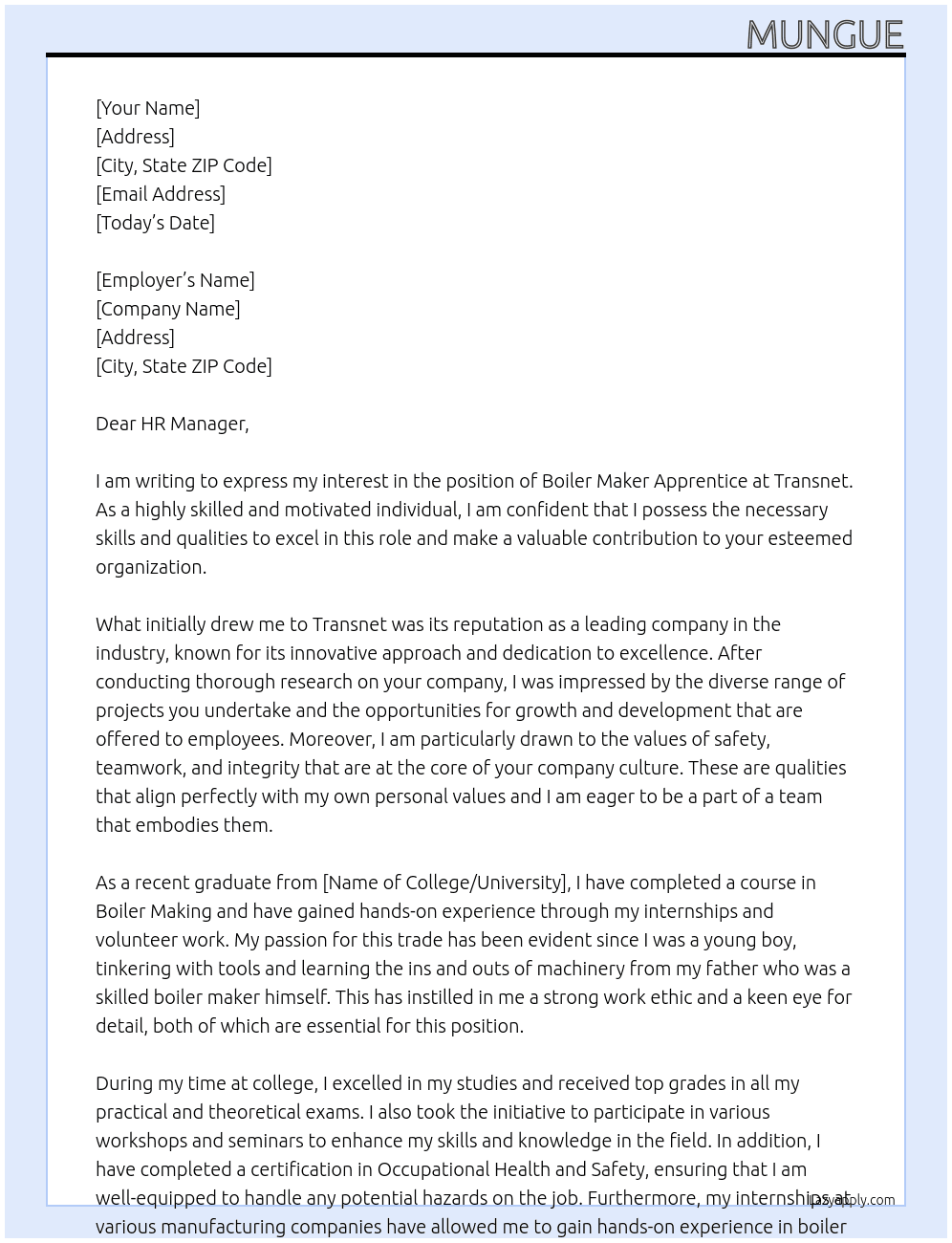 Cover letter for boiller maker apprentice - LazyApply