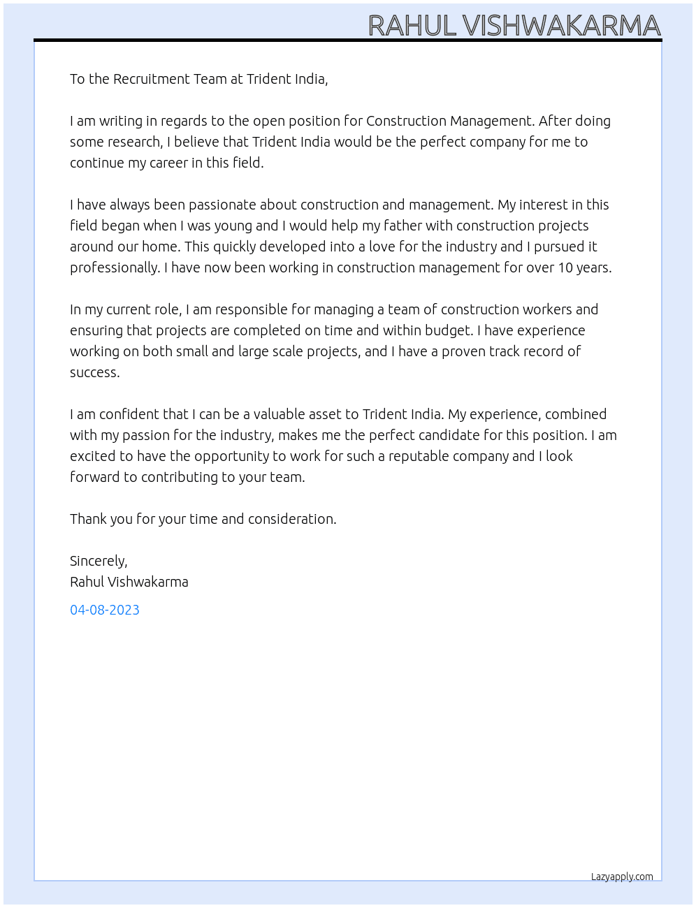 Construction Management At Trident India Cover Letter