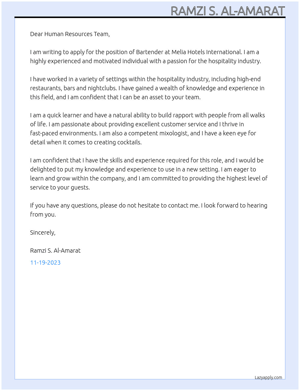 Bartender At Melia Hotels International Cover Letter