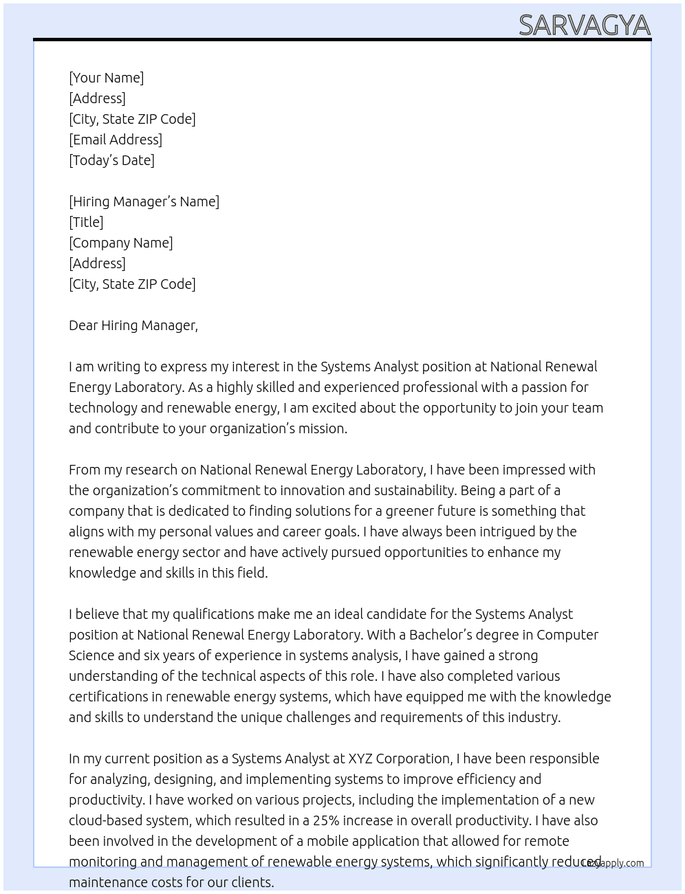 Systems Analyst At National Renewal Energy Laboratory Cover Letter