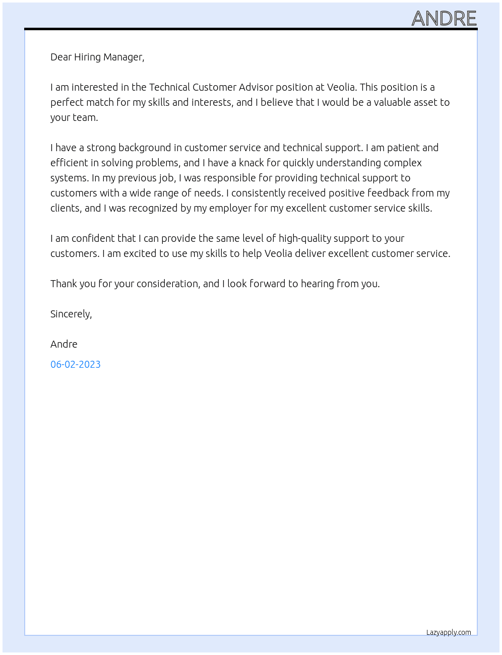 Technical Customer Advisor At Veolia Cover Letter