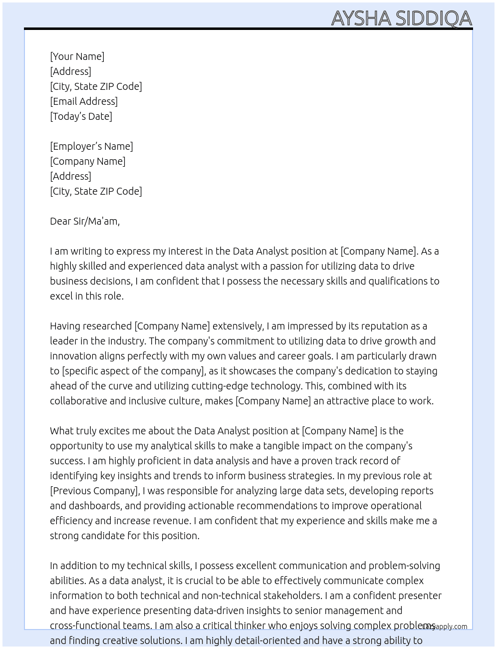 Data Analyst At companies Cover Letter