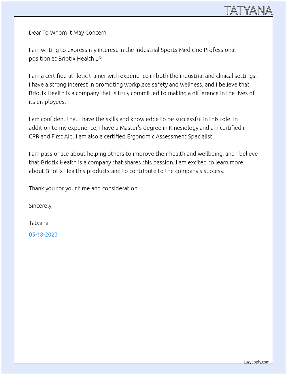 Industrial Sports Medicine Professional At Briotix Health LP Cover Letter