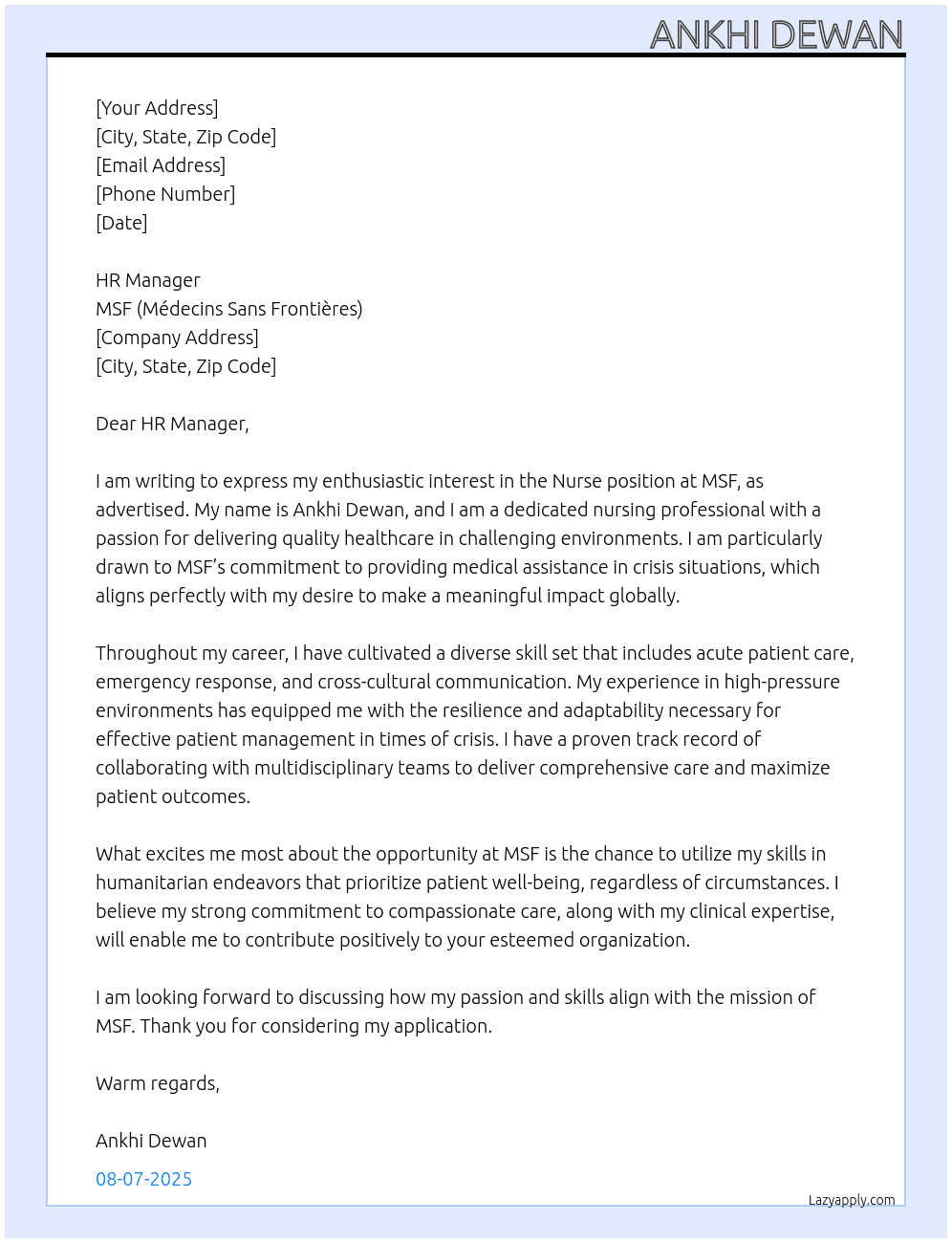 Nurse At MSF Cover Letter